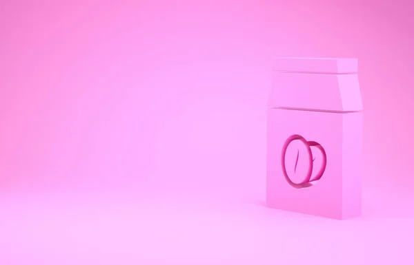 Розовые кофейные зёрна в мешке значок изолирован на розовом фоне. Концепция минимализма. 3D-рендеринг — стоковое фото