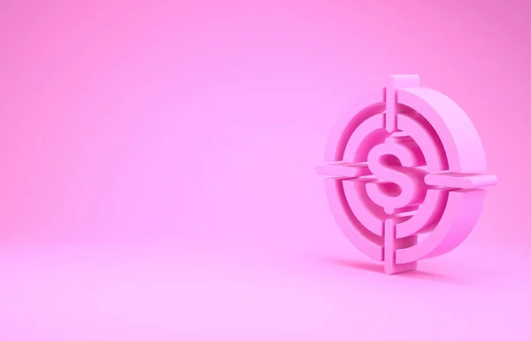 달러 상징 아이콘 이 있는 분홍색타겟은 핑크 배경에서 분리되었습니다. 투자 대상 아이콘. 성공적 인 사업 개념. 현금이나 돈의 사인. 최소성 개념. 3D 일러스트 3D 렌더링 — 스톡 사진