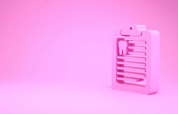 Clipboard rosa com cartão dental ou paciente ícone de registros médicos isolados em fundo rosa. Seguro dentário. Relatório da clínica dentária. Conceito de minimalismo. 3D ilustração 3D render — Fotografia de Stock