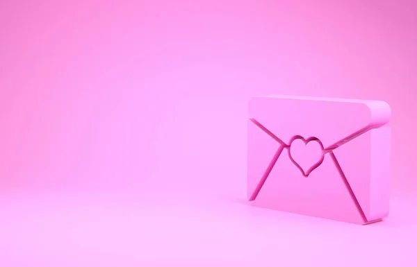 Rózsaszín boríték Valentin szív ikon elszigetelt rózsaszín alapon. Levél szerelem és romantika. Minimalizmus koncepció. 3d illusztráció 3d render — Stock Fotó