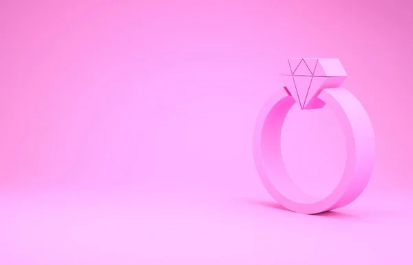 Ícone anel de noivado diamante rosa isolado no fundo rosa. Conceito de minimalismo. 3D ilustração 3D render — Fotografia de Stock