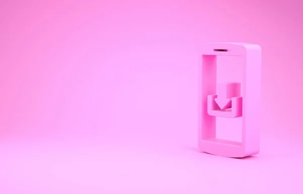 Розовый смартфон с иконкой загрузки изолирован на розовом фоне. Концепция минимализма. 3D-рендеринг — стоковое фото