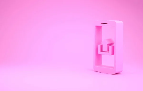 Smartphone rosa com ícone de upload isolado no fundo rosa. Conceito de minimalismo. 3D ilustração 3D render — Fotografia de Stock