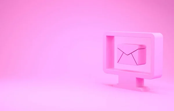 Roze Monitor en enveloppe, nieuw bericht, e-mail, e-mail pictogram geïsoleerd op roze achtergrond. Gebruik voor e-mail nieuwsbrieven, headers, blogberichten. Minimalisme concept. 3d illustratie 3d renderen — Stockfoto