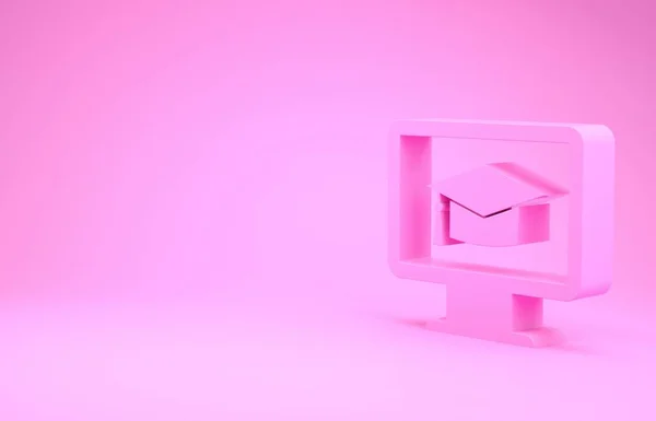 Розовый монитор компьютера с значком выпускной шапки изолированы на розовом фоне. Онлайн-обучение или концепция электронного обучения. Символ интернет-знаний. Концепция минимализма. 3D-рендеринг — стоковое фото