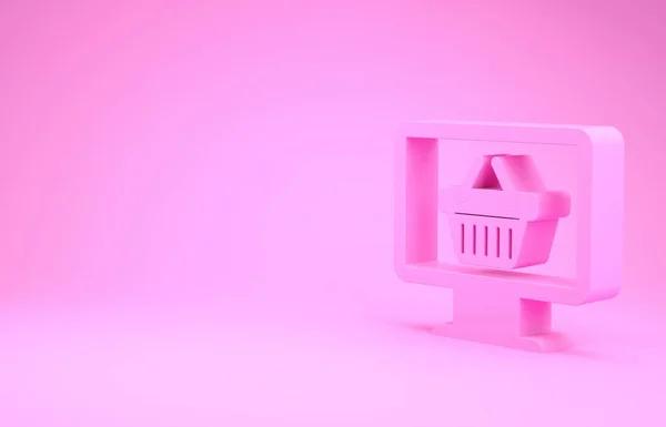 Monitor de ordenador rosa con icono de la cesta de la compra aislado sobre fondo rosa. Carrito de compras en línea. Símbolo de cesta de supermercado. Concepto minimalista. 3D ilustración 3D render — Foto de Stock