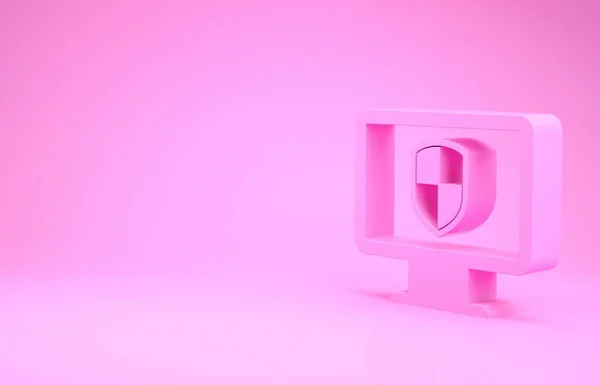 Růžový monitor a ikona štít izolované na růžovém pozadí. Počítačová bezpečnost, technologie firewall, ochrana soukromí na internetu nebo antivirus. Minimalismus. 3D ilustrace 3D vykreslení — Stock fotografie