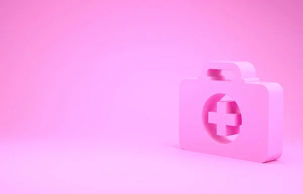 Ícone de kit de primeiros socorros rosa isolado no fundo rosa. Caixa médica com cruz. Equipamento médico de emergência. Conceito de saúde. Conceito de minimalismo. 3D ilustração 3D render — Fotografia de Stock