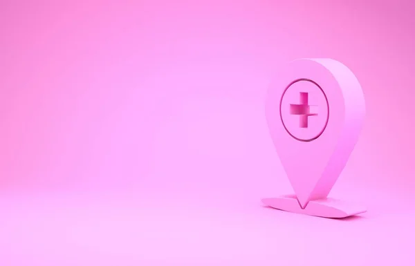 Puntero de mapa médico rosa con icono de hospital cruzado aislado sobre fondo rosa. Concepto minimalista. 3D ilustración 3D render — Foto de Stock