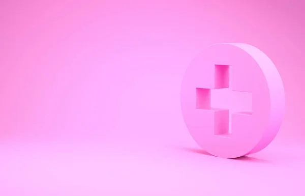 Rosa medizinisches Kreuz im Kreis-Symbol isoliert auf rosa Hintergrund. Medizinisches Symbol für Erste Hilfe. Minimalismus-Konzept. 3D Illustration 3D Renderer — Stockfoto