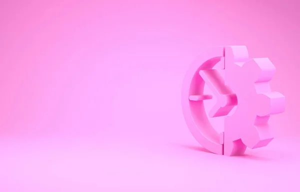 Różowy Zegar i ikona biegów izolowane na różowym tle. Symbol zarządzania czasem. Koncepcja biznesu. Koncepcja minimalizmu. Ilustracja 3d — Zdjęcie stockowe