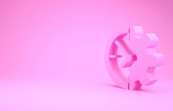 Ícone de relógio e engrenagem rosa isolado no fundo rosa. Símbolo de gestão de tempo. Conceito de negócio. Conceito de minimalismo. 3D ilustração 3D render — Fotografia de Stock