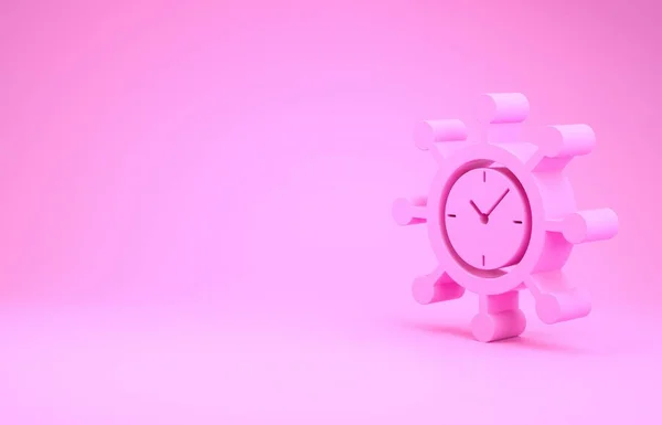 Reloj rosa y engranaje icono aislado sobre fondo rosa. Símbolo de gestión del tiempo. Concepto de negocio. Hub y radios e icono de reloj sólido. Concepto minimalista. 3D ilustración 3D render — Foto de Stock