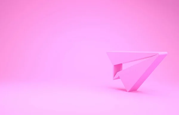 Ícone de plano de papel rosa isolado no fundo rosa. Ícone de avião de papel. Sinal de aeronave. Conceito de minimalismo. 3D ilustração 3D render — Fotografia de Stock