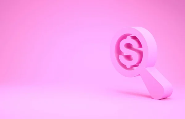 Ícone de lupa rosa e dólar isolado no fundo rosa. Arranja dinheiro. À procura de dinheiro. Conceito de minimalismo. 3D ilustração 3D render — Fotografia de Stock