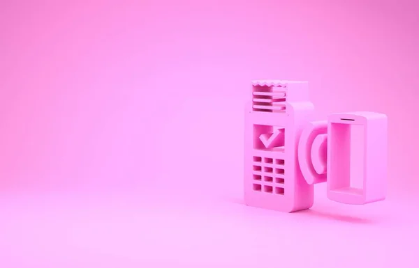 Розовый POS-терминал с распечатанным рецептом и подтверждает оплату иконкой смартфона, выделенной на розовом фоне. Концепция оплаты NFC. Концепция минимализма. 3D-рендеринг — стоковое фото