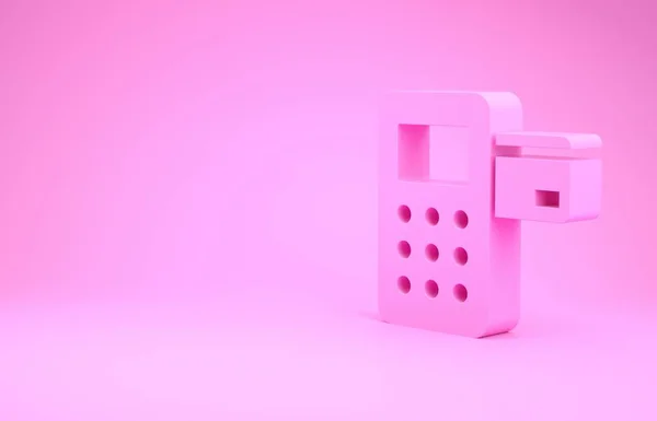 Terminal rosa Pos com ícone de cartão de crédito inserido isolado em fundo rosa. Transação do terminal de pagamento. Conceito de minimalismo. 3D ilustração 3D render — Fotografia de Stock