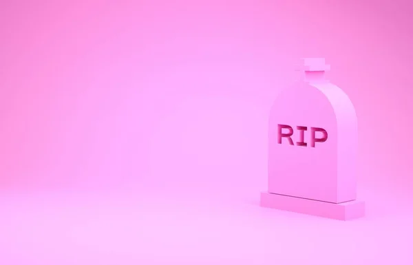 Pink Tombstone met Rip geschreven op het pictogram geïsoleerd op roze achtergrond. Graficoon. Minimalisme concept. 3d illustratie 3d renderen — Stockfoto