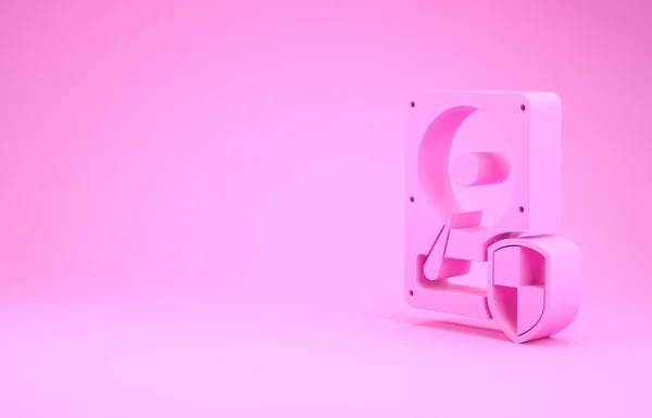 Розовый Жесткий диск жесткого диска значок защиты жесткого диска изолированы на розовом фоне. Концепция минимализма. 3D-рендеринг — стоковое фото