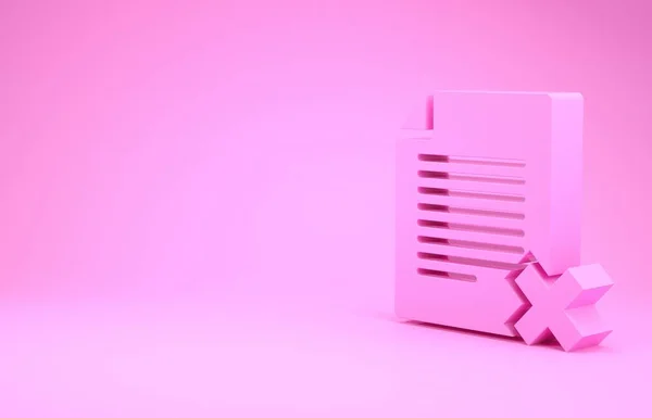 Pink Delete ícone do documento de arquivo isolado no fundo rosa. Ícone de documento rejeitado. Cruze no papel. Conceito de minimalismo. 3D ilustração 3D render — Fotografia de Stock