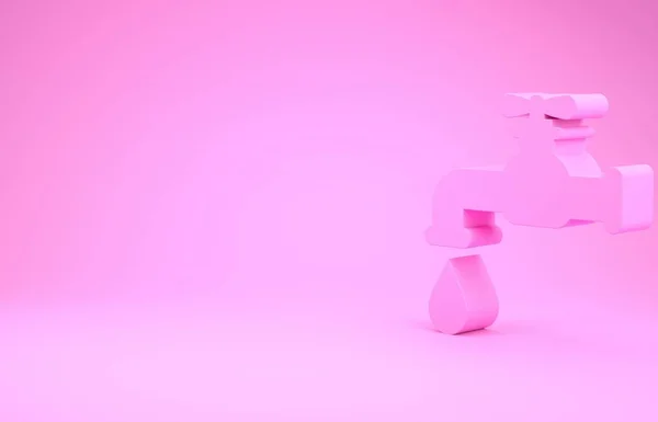 Ροζ βρύση νερού με ένα εικονίδιο πτώση σταγόνα νερού απομονώνονται σε ροζ φόντο. Μινιμαλιστική έννοια. 3D απεικόνιση 3d καθιστούν — Φωτογραφία Αρχείου