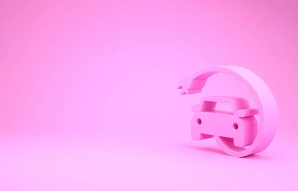 Розовый Электрический автомобиль и электрический кабель зарядки значок изолирован на розовом фоне. Возобновляемые экологические технологии. Концепция минимализма. 3D-рендеринг — стоковое фото