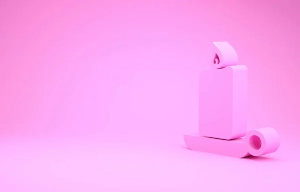 Vela rosa em chamas no ícone do castiçal isolado no fundo rosa. Vela acesa à moda antiga. Vela cilíndrica com chama ardente. Conceito de minimalismo. 3D ilustração 3D render — Fotografia de Stock