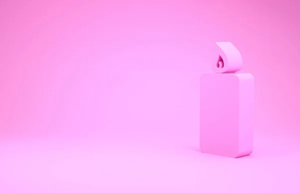 Ροζ κερί καύση εικονίδιο απομονώνονται σε ροζ φόντο. Παλιομοδίτικο αναμμένο κερί. Κυλινδρικό αρωματικό κηροπήγιο με φλεγόμενη φλόγα. Μινιμαλιστική έννοια. 3D απεικόνιση 3d καθιστούν — Φωτογραφία Αρχείου