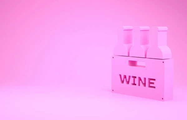 Garrafas de vinho rosa em um ícone de caixa de madeira isolado em fundo rosa. Garrafas de vinho em um ícone de caixa de madeira. Conceito de minimalismo. 3D ilustração 3D render — Fotografia de Stock