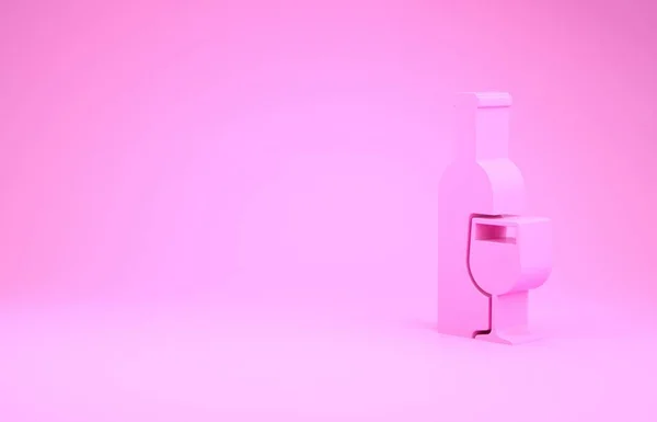 Garrafa de vinho rosa com ícone de vidro de vinho isolado no fundo rosa. Conceito de minimalismo. 3D ilustração 3D render — Fotografia de Stock