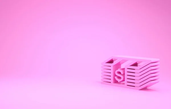 Rózsaszín papír pénz amerikai dollár készpénz ikon elszigetelt rózsaszín háttér. Pénz bankjegyek halom dollár ikon. Bill valuta. Minimalizmus koncepció. 3d illusztráció 3d render — Stock Fotó
