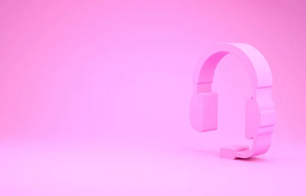 Рожеві навушники з піктограмою мікрофона ізольовані на рожевому фоні. Концептуальний об'єкт для прослуховування музики, сервісу, зв'язку та оператора. Концепція мінімалізму. 3D ілюстрація 3D рендеринга — стокове фото