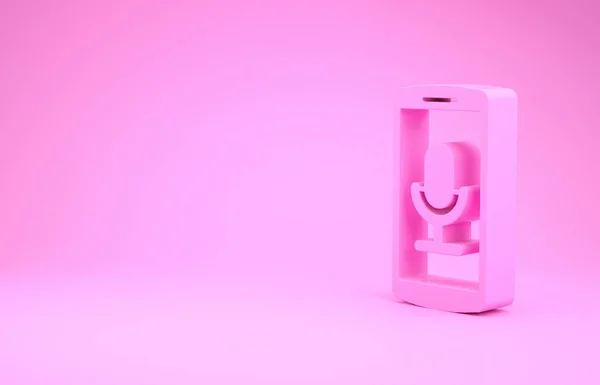 Icono de grabación móvil rosa aislado sobre fondo rosa. Teléfono móvil con micrófono. Interfaz de teléfono inteligente aplicación grabadora de voz. Concepto minimalista. 3D ilustración 3D render — Foto de Stock