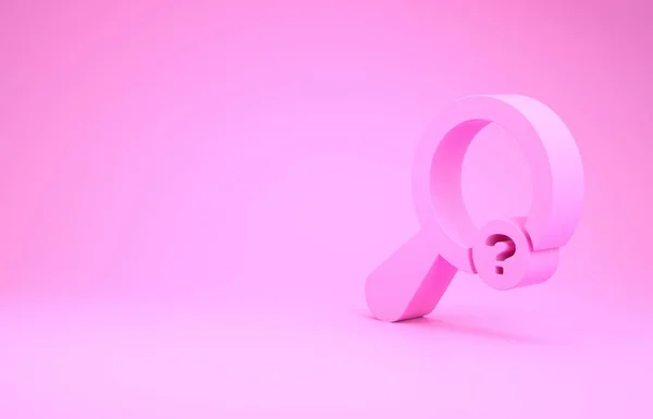 Różowa Nieznana Ikona wyszukiwania odizolowana na różowym tle. Szkło powiększające i znak zapytania. Koncepcja minimalizmu. Ilustracja 3d — Zdjęcie stockowe