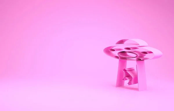 Pink UFO abducts cow icon isolated on pink background. Flying saucer. Alien space ship. Futuristic unknown flying object. Minimalism concept. 3d illustration 3D render