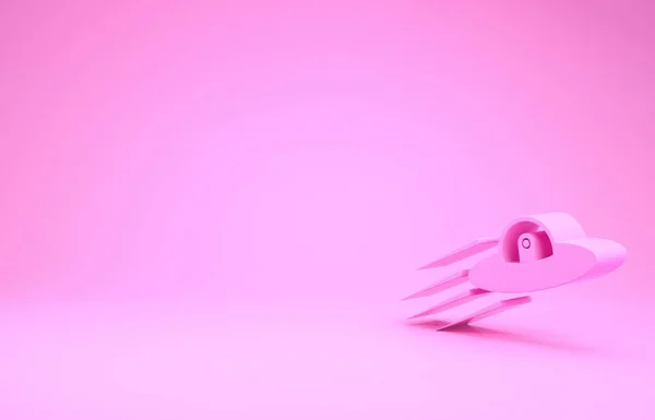 Розовый НЛО летающий космический корабль и икона пришельца изолированы на розовом фоне. Летающая тарелка. Космический корабль пришельцев. Футуристический неизвестный летающий объект. Концепция минимализма. 3D-рендеринг — стоковое фото
