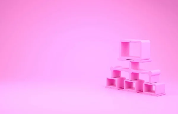 Ícone de rede do computador rosa isolado no fundo rosa. Rede de portáteis. Ligação à Internet. Conceito de minimalismo. 3D ilustração 3D render — Fotografia de Stock