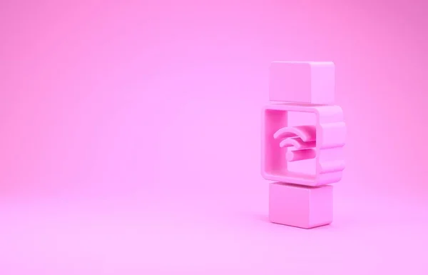 Rosa Smartwatch mit Funksymbol auf rosa Hintergrund. Minimalismus-Konzept. 3D Illustration 3D Renderer — Stockfoto