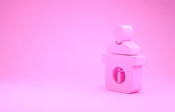 Ícone de mesa de informações rosa isolado no fundo rosa. Uma silhueta de homem no balcão de informações. Símbolo de pessoa ajuda. Contador de informações. Conceito de minimalismo. 3D ilustração 3D render — Fotografia de Stock