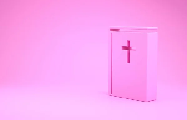 Icono de libro de la Sagrada Biblia rosa aislado sobre fondo rosa. Concepto minimalista. 3D ilustración 3D render — Foto de Stock