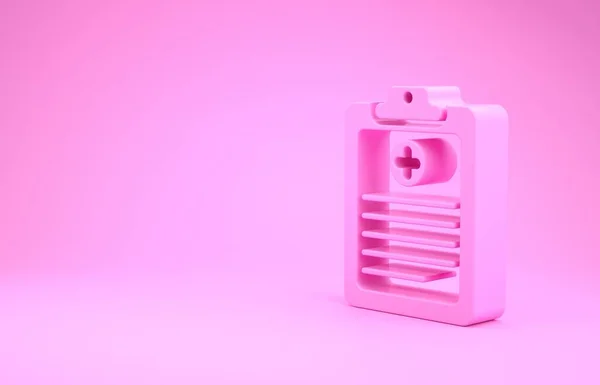 Rosafarbenes medizinisches Klemmbrett mit klinischen Aufzeichnungen auf rosa Hintergrund. Krankenversicherungsformular. Verschreibungspflichtig, berichten medizinische Prüfzeichen. Minimalismus-Konzept. 3D Illustration 3D Renderer — Stockfoto