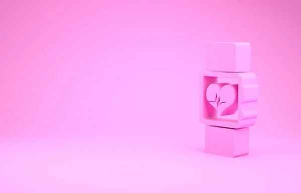 Reloj inteligente rosa que muestra el icono de ritmo cardíaco aislado sobre fondo rosa. Concepto de aplicación Fitness. Concepto minimalista. 3D ilustración 3D render —  Fotos de Stock