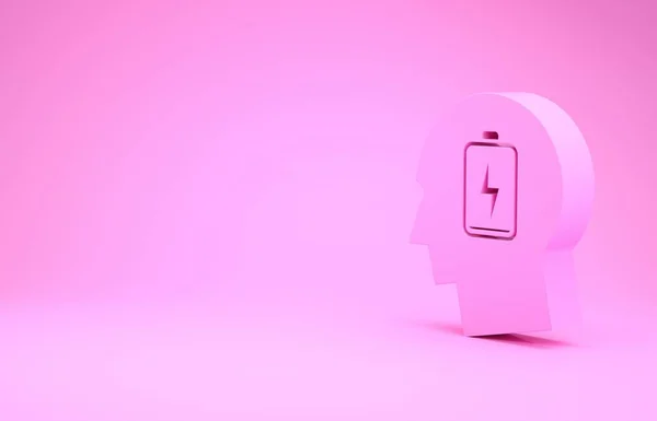 Pink Male head with low battery icon isolated on pink background. Tired man. Minimalism concept. 3d illustration 3D render — Stock Photo, Image