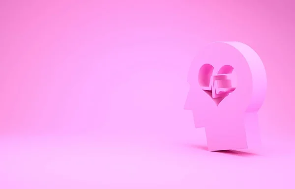Rosafarbener Männerkopf mit einem Herzschlagsymbol auf rosa Hintergrund. Kopf mit psychischer Gesundheit, Gesundheitsfürsorge und medizinischen Zeichen. Minimalismus-Konzept. 3D Illustration 3D Renderer — Stockfoto