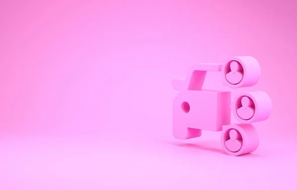 Pink Car partilha com o grupo de pessoas ícone isolado no fundo rosa. Sinal de partilha de carros. Conceito de serviço de aluguer de transporte. Conceito de minimalismo. 3D ilustração 3D render — Fotografia de Stock