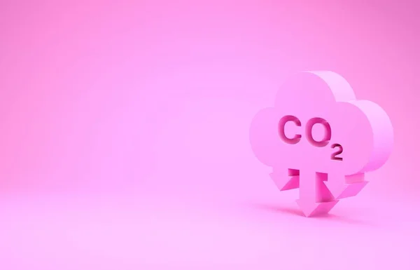 Emissões de CO2 rosa no ícone da nuvem isolado no fundo rosa. Símbolo da fórmula do dióxido de carbono, conceito da poluição do smog, conceito do ambiente. Conceito de minimalismo. 3D ilustração 3D render — Fotografia de Stock