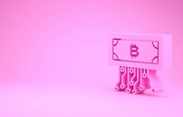 Розовый криптовалютный биткойн в круге с иконкой микрочипа, выделенной на розовом фоне. Технология блокчейн, рынок цифровых денег. Концепция минимализма. 3D-рендеринг — стоковое фото