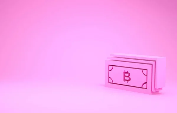 Rózsaszín Cryptocurrency bitcoin körben mikrochip áramkör ikon izolált rózsaszín alapon. Blokkoláslánc technológia, digitális pénzpiac. Minimalizmus koncepció. 3d illusztráció 3d render — Stock Fotó