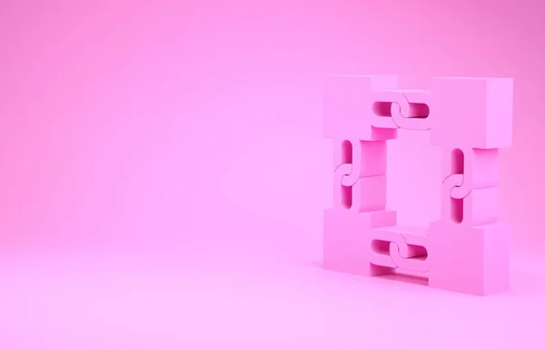 Rózsaszín Blockchain technológia ikon elszigetelt rózsaszín háttér. Kriptovaluta adatok. Absztrakt geometriai blokk hálózati technológia üzlet. Minimalizmus koncepció. 3d illusztráció 3d render — Stock Fotó