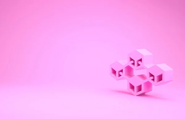 Ícone de tecnologia Pink Blockchain isolado no fundo rosa. Dados de criptomoeda. Abstrato geométrico bloco cadeia negócio de tecnologia de rede. Conceito de minimalismo. 3D ilustração 3D render — Fotografia de Stock